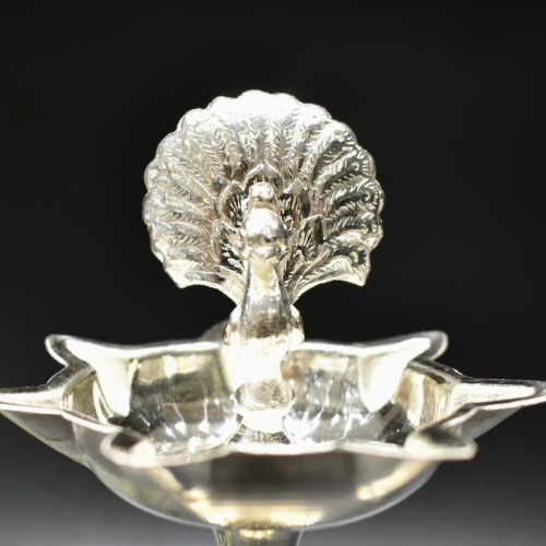 Peacock Silver temple Diya Oil Lamp Samai